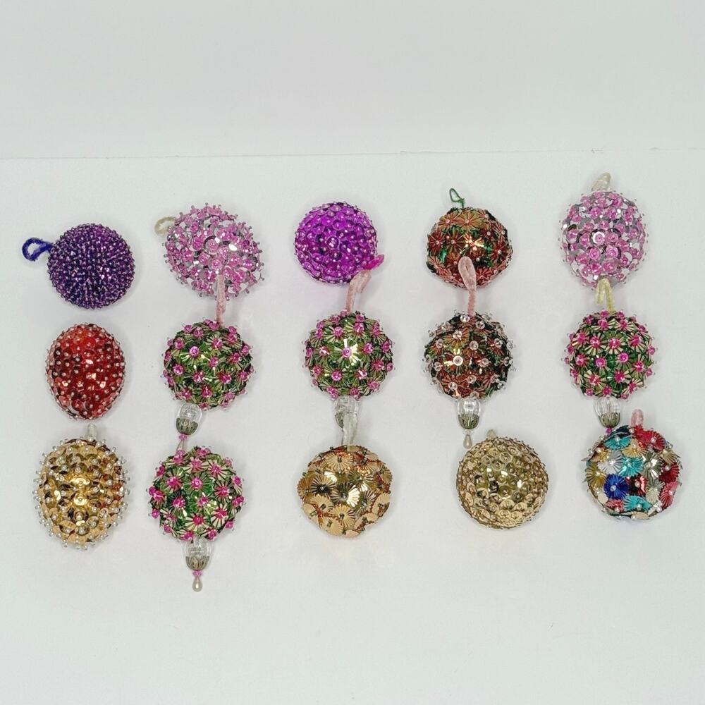 Vintage Handmade Push Pin Ornaments Set Of 15 Mini Christmas Ball 2" Multi